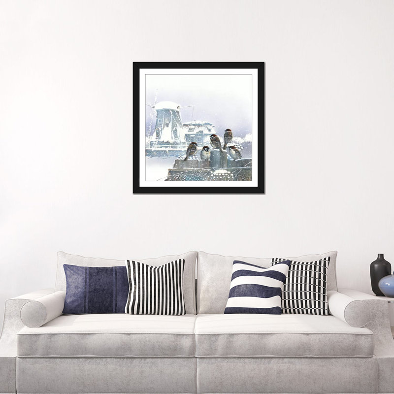 «Birdies and Windmill», impression sur toile, H 24 po x l 24 po x P 1 po, Papier beaux-arts encadré noir, Blanc