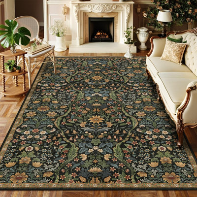 Washable Area Rug - Vintage Boho Botanical Low-Pile Rug
