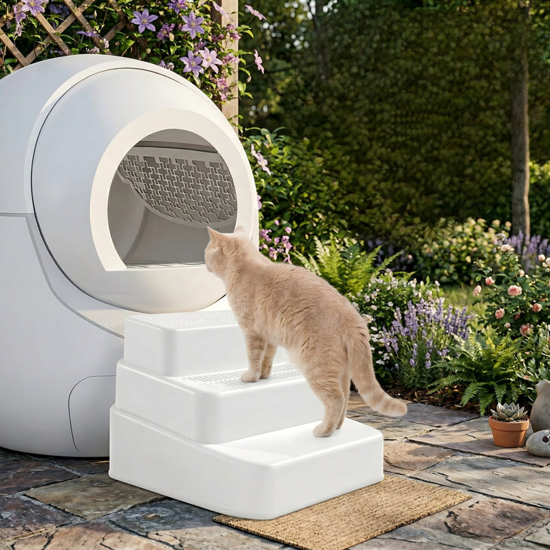 Rampe de litière réglable à 3 niveaux avec filtre et bac à litière amovible, surface antidérapante, pour petits et grands chats, blanc