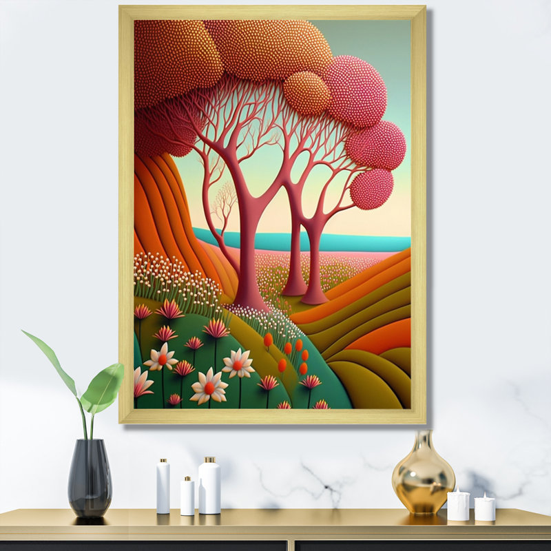 «Serene Magical Pink Trees In Flowerfields», reproduction sur toile, H 40 po x l 30 po x P 1,5 po, Encadrement doré