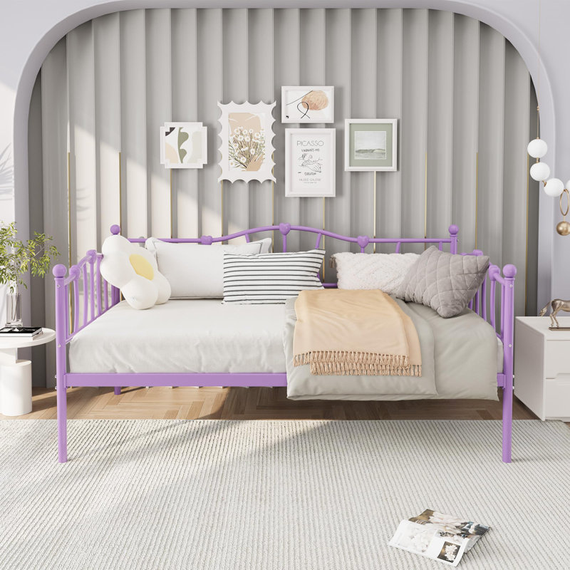 Twin Size Daybed, Sofa Bed Frame with Heart-Shaped Decoration and Steel Slat Support, Space-Saving, Purple