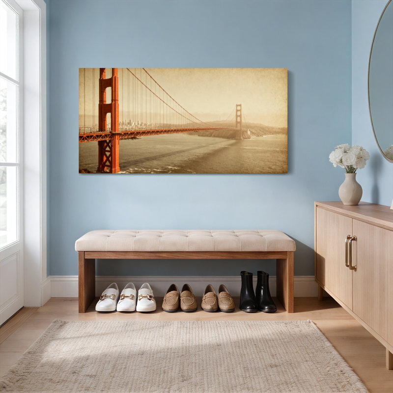 Ensemble de 1 tableau sur toile tendue représentant le pont du Golden Gate, aux tons sépia, H 12 po x l 36 po