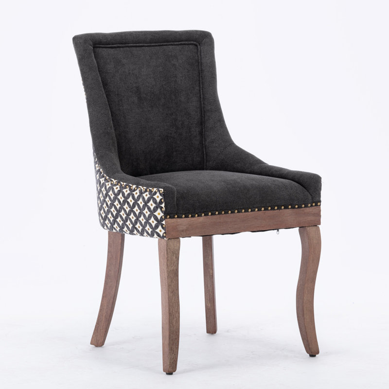 Bronze Nail Head Upholstered Side Dining Chair, Dark Gray/Black Geometric