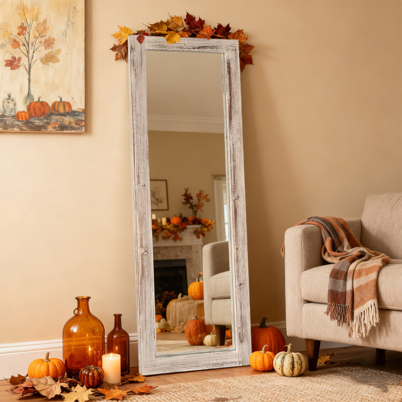 Élégant miroir pleine longueur avec cadre blanc délavé - bois de pin durable, polyvalence autoportante ou murale pour la décoration de la chambre à coucher, du salon et du vestibule