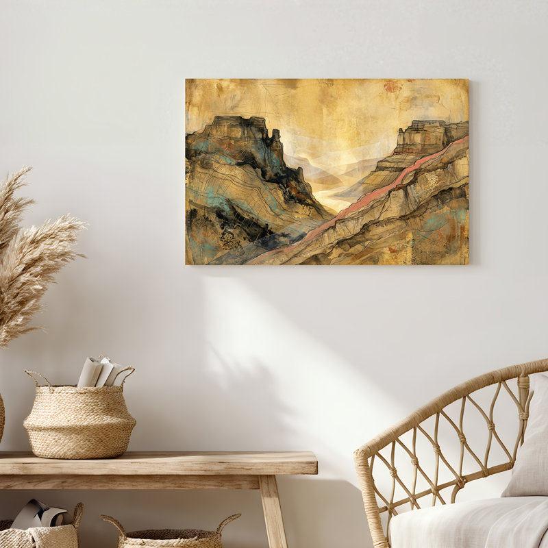 Abstrait paysage de canyon avec rivière rose et tons de terre, art mural, H 32 po x l 48 po