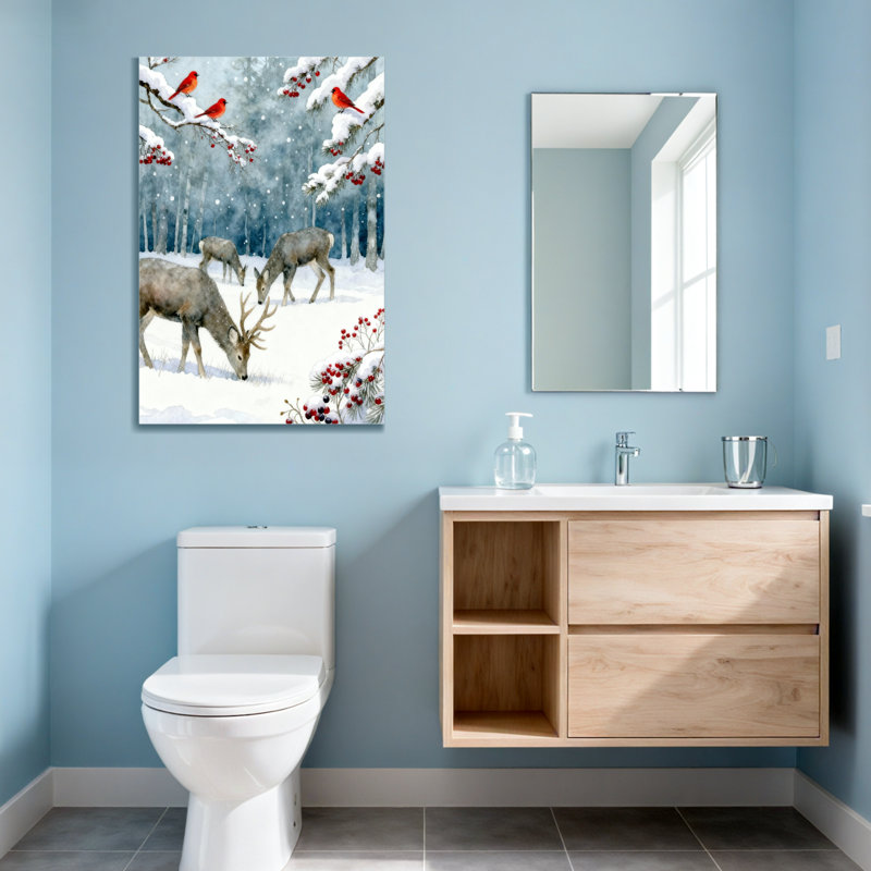 Animaux, hiver, forêt, cerf et oiseaux, scène, H 36 po x l 24 po