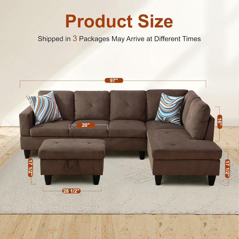 3-Piece Microfiber Sectional Sofa, Right Hand Facing, Brown Microfiber