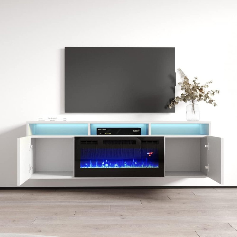 Meuble télé avec foyer flottant, blanc - Meuble audio-vidéo moderne ultrabrillant avec armoires de rangement pour téléviseur de 70 po ou moins