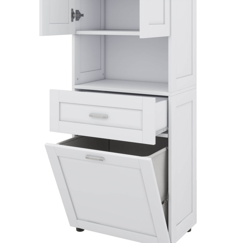 Armoire de salle de bain haute avec portes de panier à linge intégrées et section de rangement ouverte supérieure, Blanc