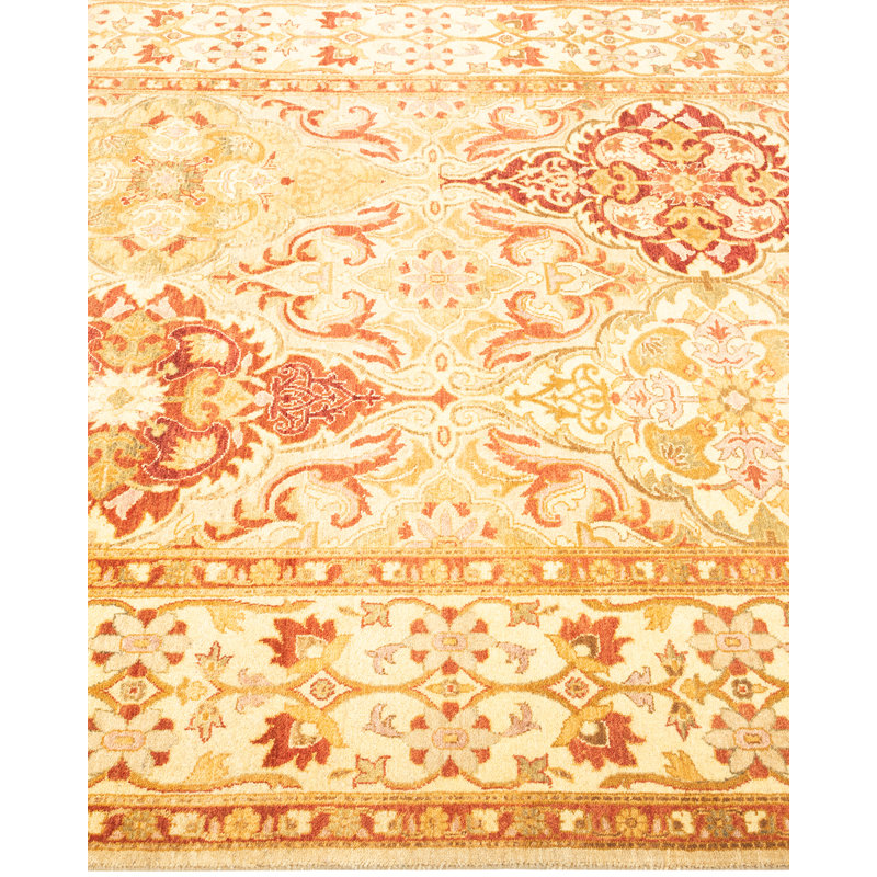 Tapis unique ivoire / orange / rouge noué à la main 4 pi 3 po x 5 pi 8 po Vang Mogul
