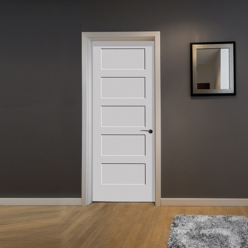 Primed 5 Panel Interior Shaker Door Prehung with 7-1/4" Jambs, Brushed Chrome, 26" x 96", Left Handing