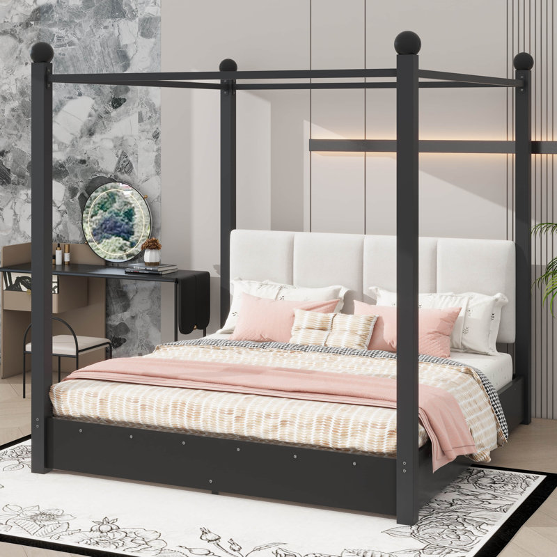 Lit plateforme avec auvent, tête de lit rembourrée et structure en métal, King, Black