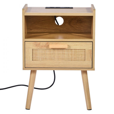 Rattan Nightstand - Stylish Boho Bedside Table with Drawer and Open Shelf. Crafted with Solid Wood Legs and Rattan, This Wooden Nightstand with a Char