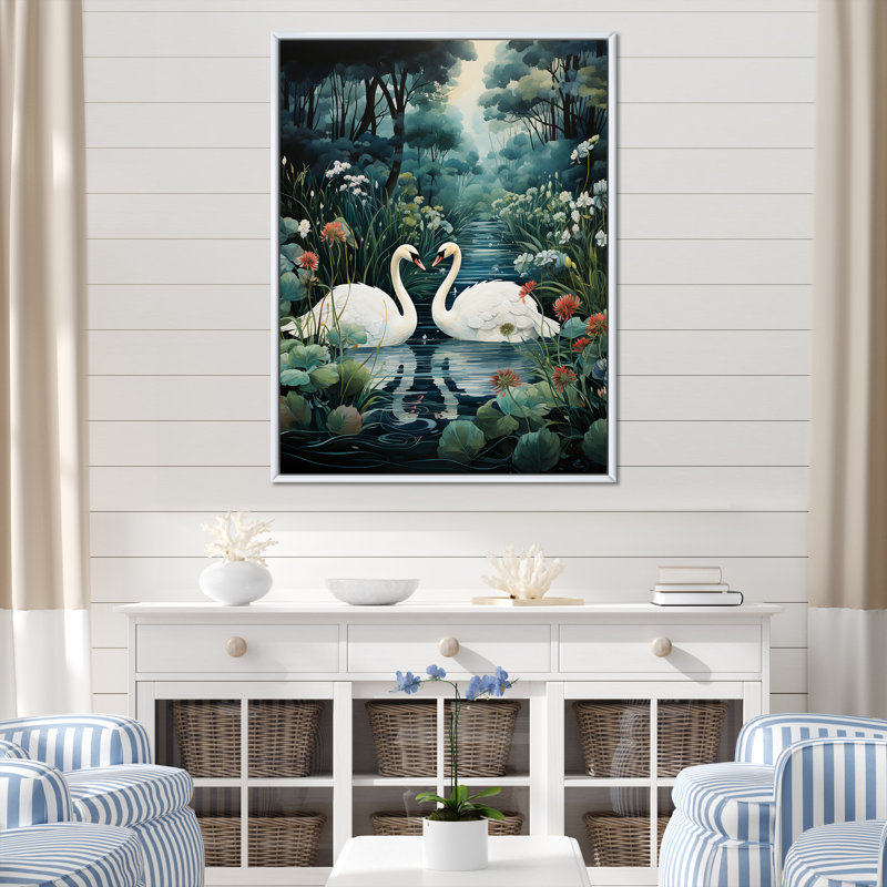 Cygnes, amour éternel, art mural sur toile, H 32 po x l 24 po, Cadre flottant blanc