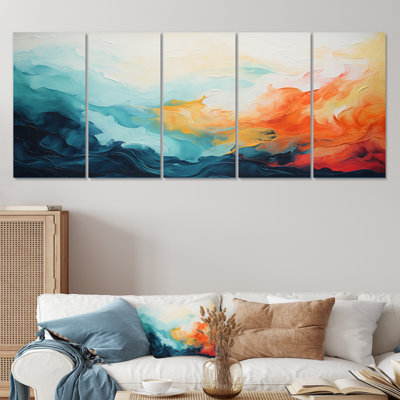 Azur bleu jaune Fusion I - peinture abstraite, art mural 5 pièces