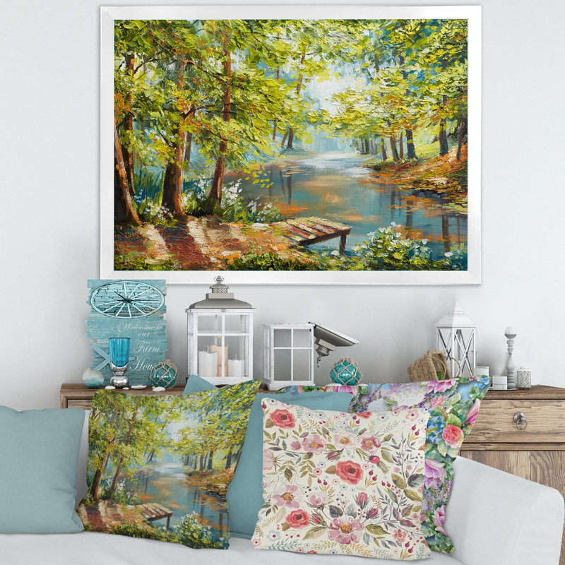 Forêt d'automne avec rivière sinueuse - Peinture sur toile, H 30 po x l 40 po x 1,5 po, Cadre photo blanc