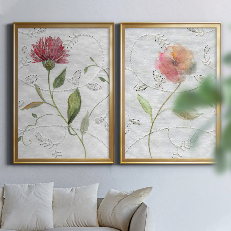 Botanical Emb broderie I - ensemble de 2 reproductions d'art, Toile encadrée dorée, Pas de tapis