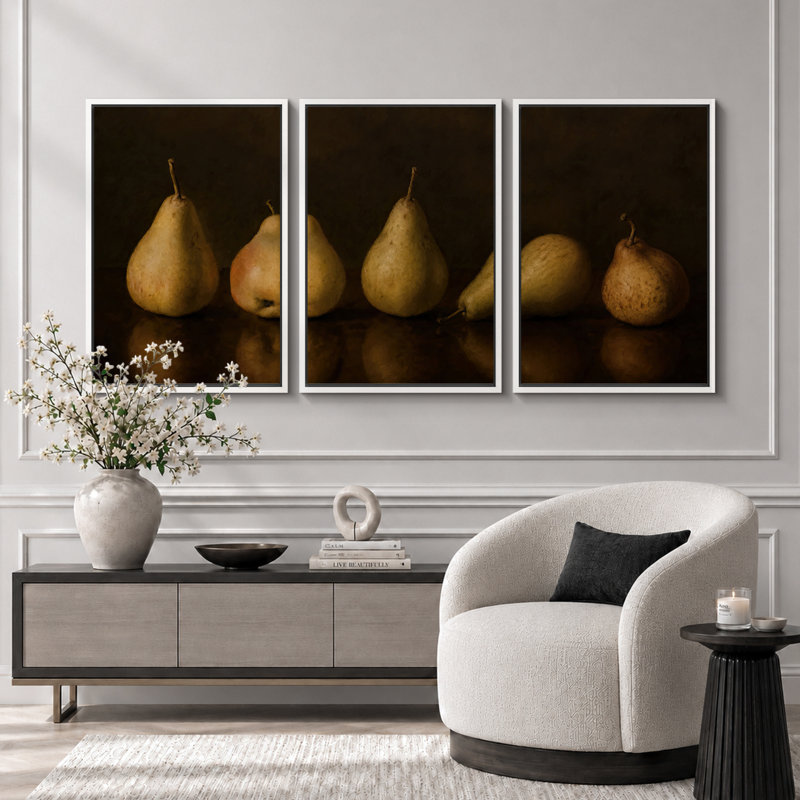 «Moody Pear Still Life», art de cuisine, impression sur toile encadrée, 3 pièces, H 24 po x l 48 po x P 1,5 po, Cadre blanc