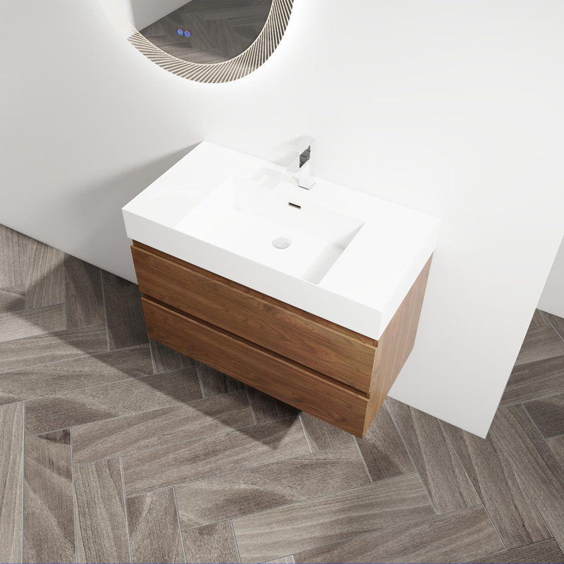Algar 36'' Single Bathroom Vanity with Plastic Top, Brown Oak