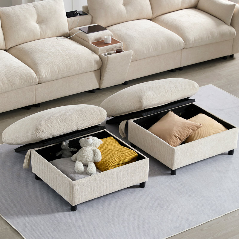 Canapé modulaire de 136 po avec console, porte-gobelet, chargeur USB, repose-pieds de rangement mobile, conception à tirette et capitonnée, canapé en chenille surdimensionné en U pour salon et appartement, 2 couleurs