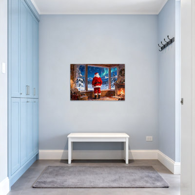 Christmas Santa Claus Stares Out Window At Winter Landscape