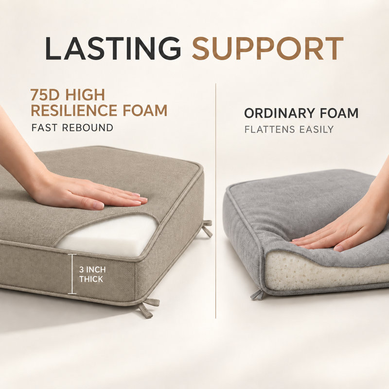Coussin de banc antidérapant de 3 pouces de hauteur avec passepoil double et 2 attaches pour sièges de fenêtre, 22 po x 96 po