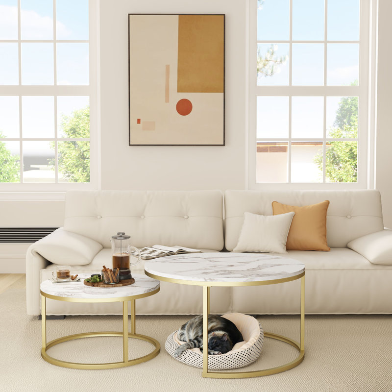 Emmaline Frame 2 Nesting Coffee Tables, White Top/ Light Golden Base, Marble