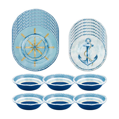 Sail Away 18 Piece Melamine Dinnerware Set Plate and Bowl Set - Service for 6