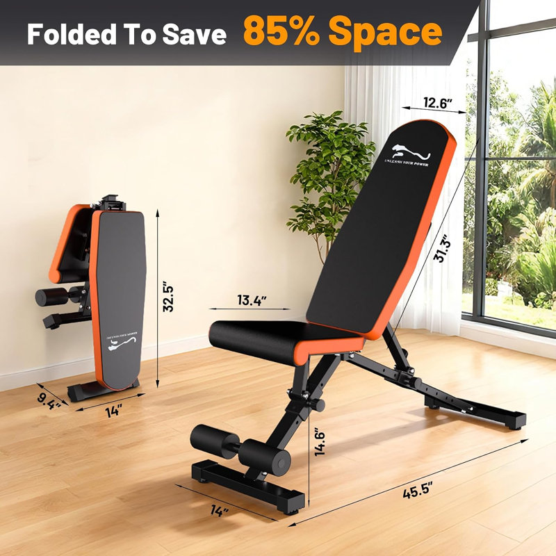 Heavy Duty Adjustable Weight Bench for Home Gym – 1000lbs Capacity, Quick Folding, 8-Backrest & 3-Seat Positions, Incline/Decline/Flat, Space-Saving, Full Body Workout – Square Tube Style, Orange Side