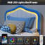 Lit plateforme simple tapissier avec lumières DEL et tiroir de rangement, lattes de bois, bleu blanc-763093221-763093018