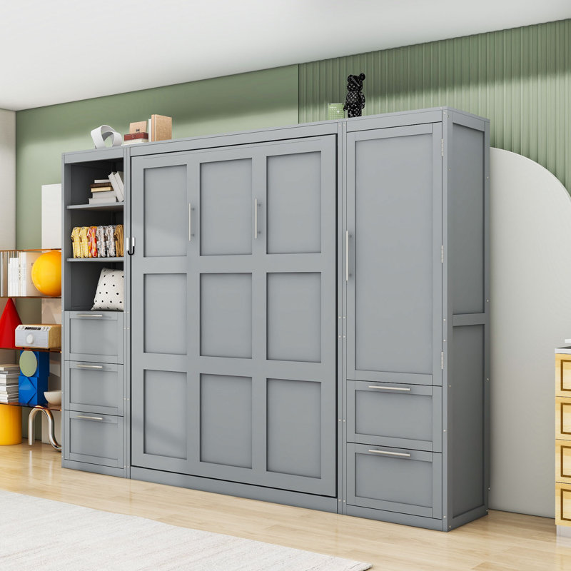 Grand lit escamotable avec rangement intégré et configuration personnalisable, Gris