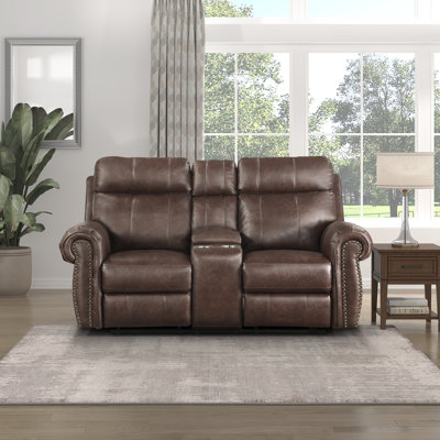 Tyberius 74.5" Transitional Faux Leather Power Reclining Loveseat with Integrated Power Reclining Motion, Center Console with Storage and Cup Holders