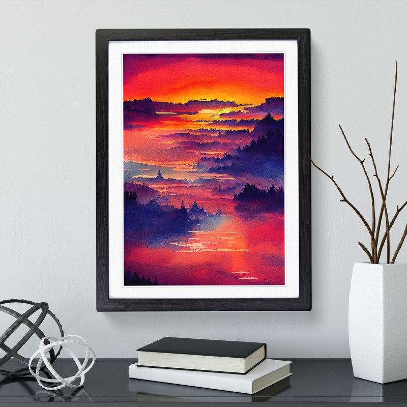 Sunset over Mountains - Wall Art, Black Framed Paper, 66cm H x 48cm W x 2cm D, White