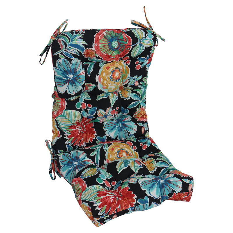 Outdoor Tufted Seat/Back Chair Cushion, Black/Colsen Noir Floral, 18" W x 18" D