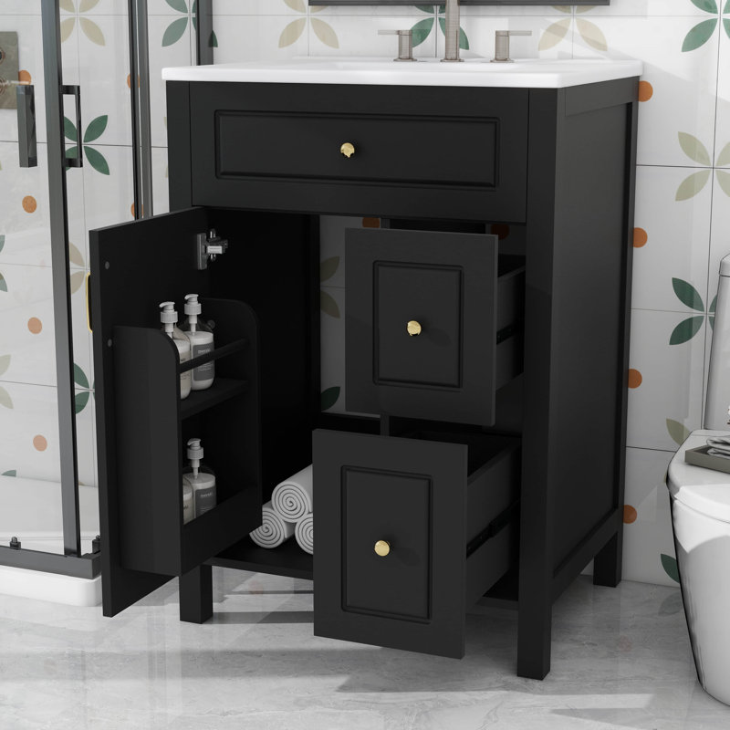 Meuble-lavabo 24 po avec lavabo en céramique 1 porte à fermeture douce et 2 tiroirs, Noir