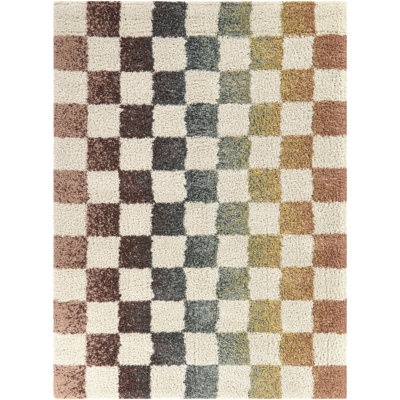Baruch Cream Checkered Shag Area Rug