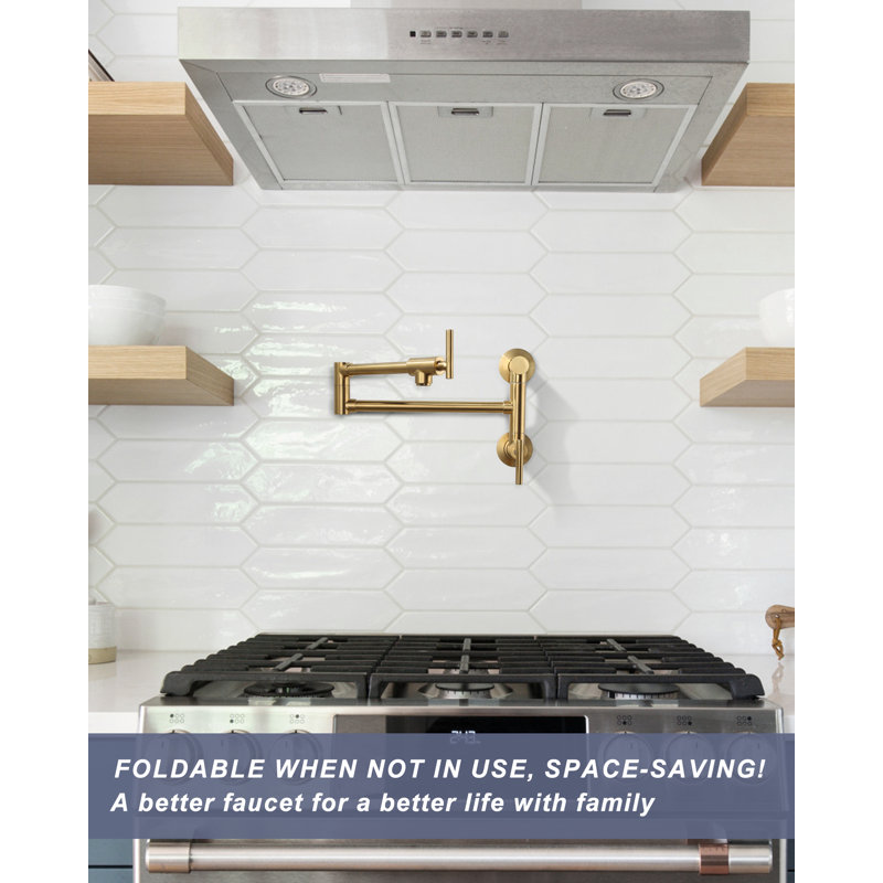 ARCORA Single Hole Two Attachment Brass Wall Mounted Pot Filler Kitchen Faucet with Double-Handle, Gold