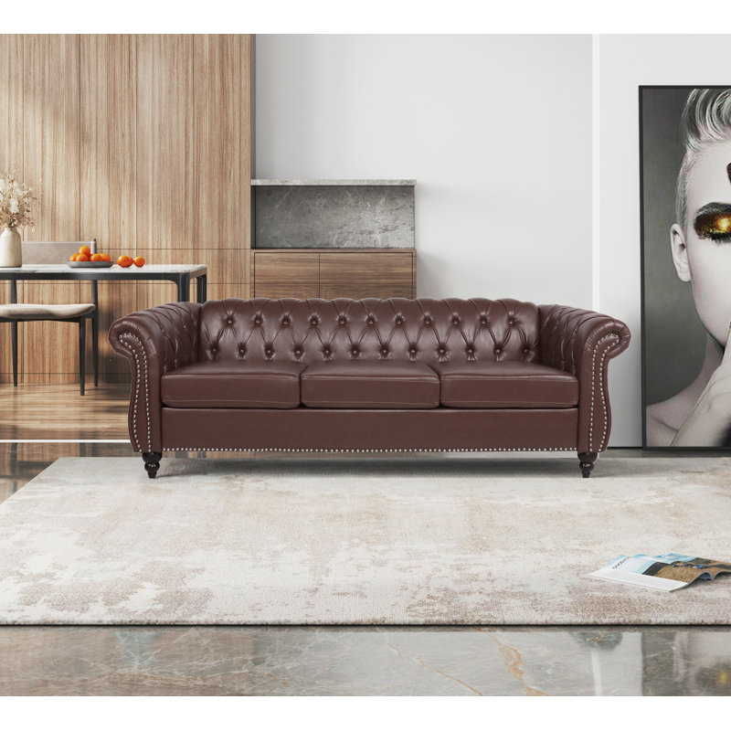 Annalena 84.65'' Faux Leather Sofa, Dark Brown Faux Leather