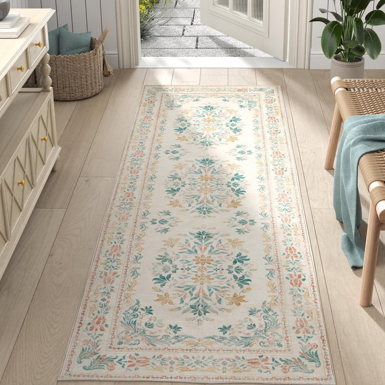 Vintage Floral Distressed Design Non-Slip Low-Pile Soft Thin Faux Wool Area Rug