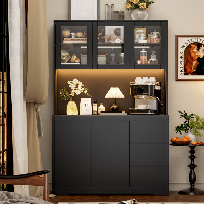 Satavia 70.9'' Kitchen Pantry with LED Lights and Charging Station, Microwave Shelf, Black