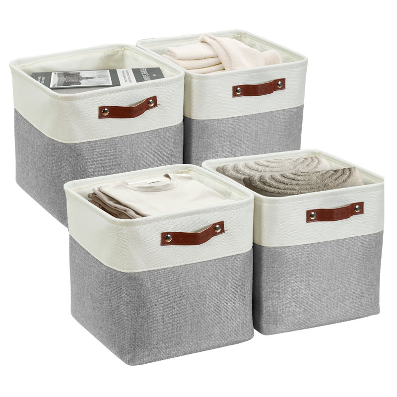 Decomomo Foldable Storage Bin | Collapsible Sturdy Cationic Fabric Storage Basket Cube W/Handles, Grey/White