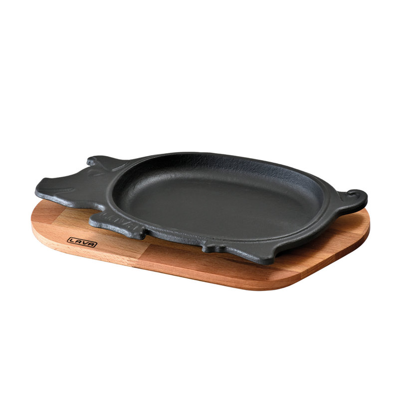 Plat de service en forme de cochon émaillé 5,5 po x 2 po avec plateau de service en bois de hêtre noir mat Lava
