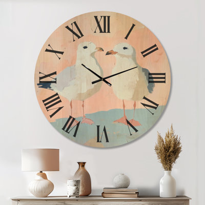 Mouettes pastel au bord de la mer - Horloge murale rose côtière, impression sur bois