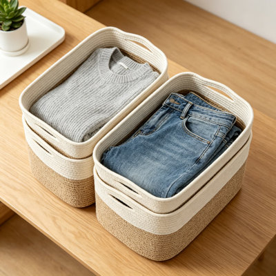 Paniers de rangement en corde de coton tissé, 4 paniers de rangement rectangulaires pliables pour tablettes, placard, chambre de bébé et décoration intérieure