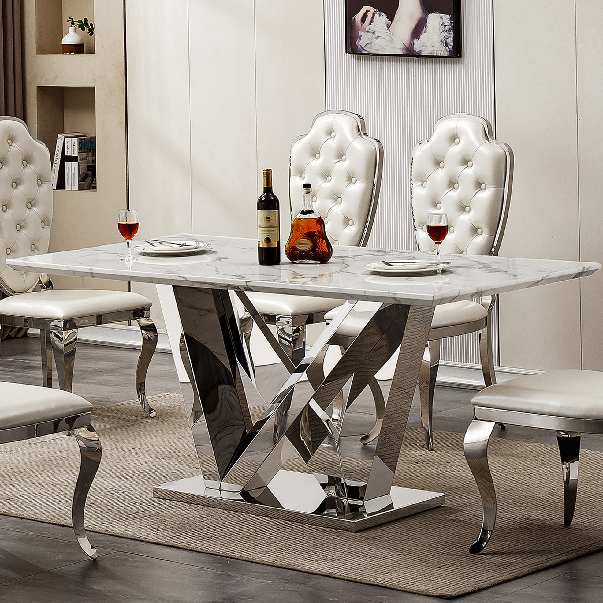Mercer41 Marble Dining Table For 6 People, 70'' Rectangle Faux Marble ...