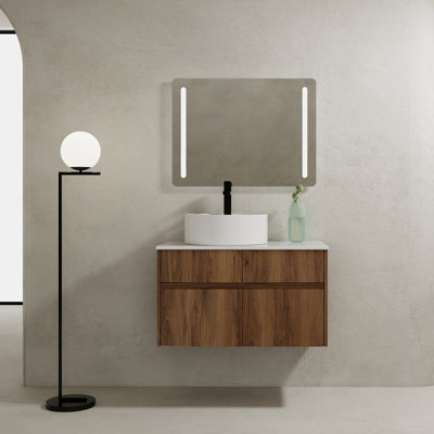 Meuble-lavabo suspendu contemporain Isolde en bois d'ingénierie avec lavabo en céramique et rangement à fermeture en douceur