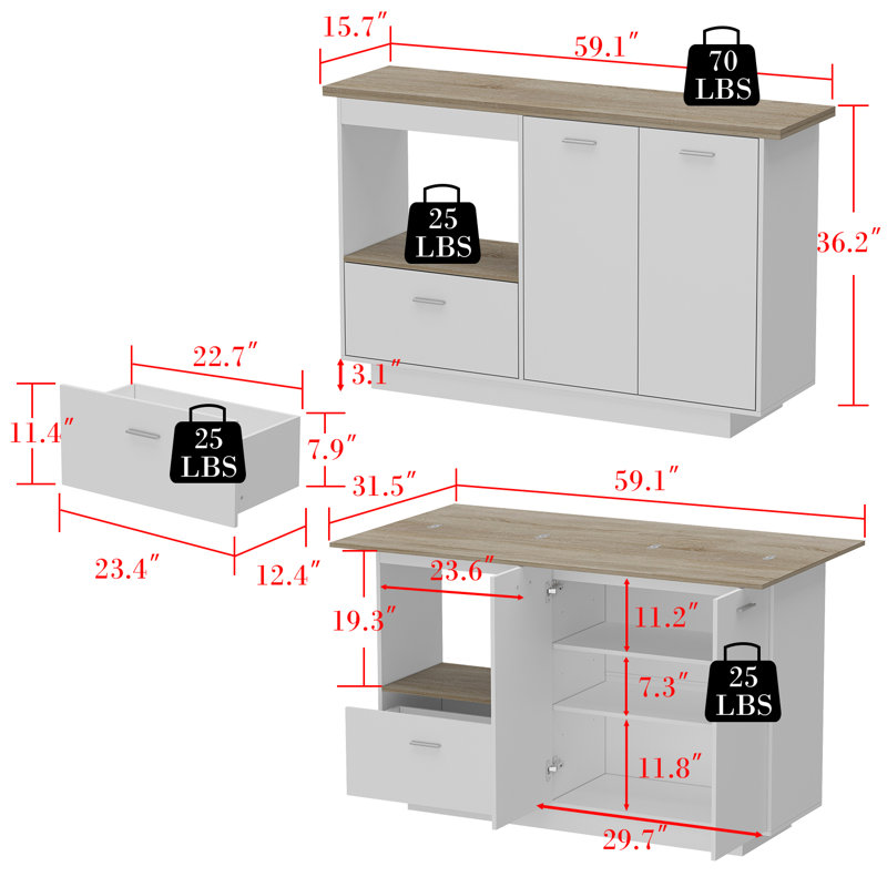 59'' Wide Kitchen Island With Strong Storage And Expandable Tabletop