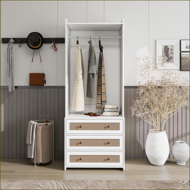 Commodes et amp; Garde-robe, armoire blanche minimaliste à 3 tiroirs Tige suspendue | Blanc | Panneau de particules et panneau de fibres à densité moyenne