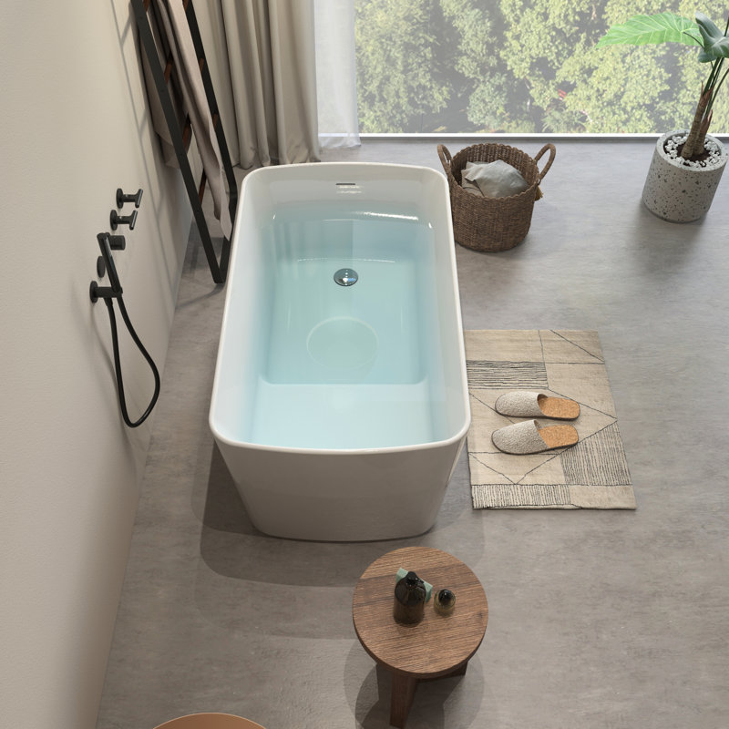 Square - Shape 49'' Glossy Acrylic Freestanding Tub, Drain, Comfortable Seated Soaking, 55 Gallons Capacity, Overflow, Capacity