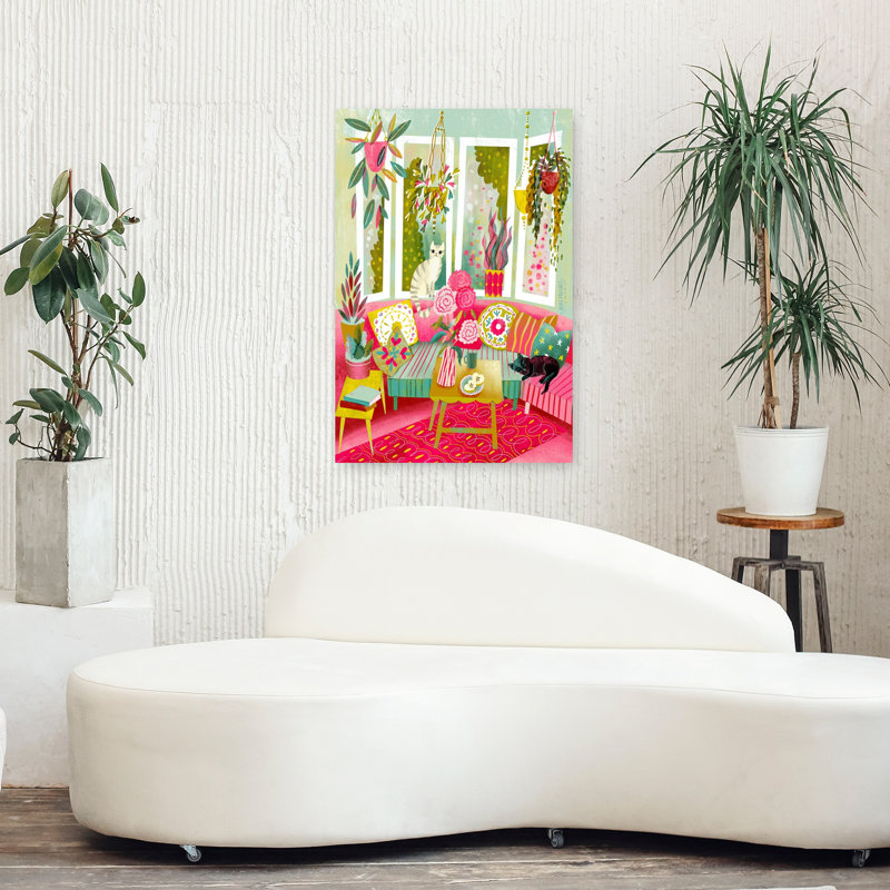 Art contemporain contemporain abstrait coloré, chat et pivoine, H 36 po x l 24 po